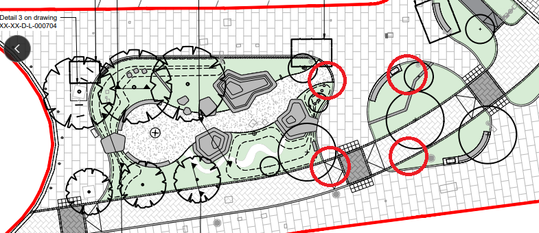 A drawing indicating the proposed cycle lane and pocket park